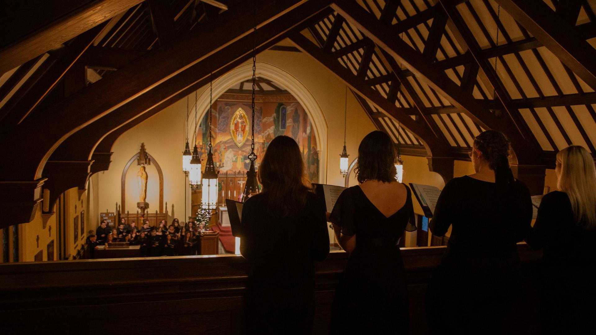 School of the Arts header, Music students performing in Christ the King Chapel