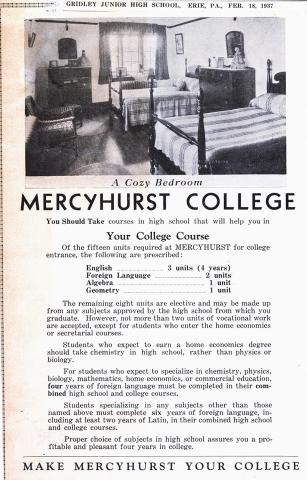 Mercyhurst University newspaper advertisement from 1937