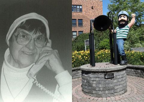 Pictures of Sister Damien on the phone and Mascot Luke the Laker on the Spirit Bell