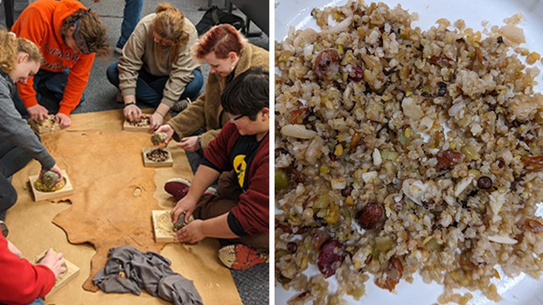 students recreate Middle Paleolithic meal in class