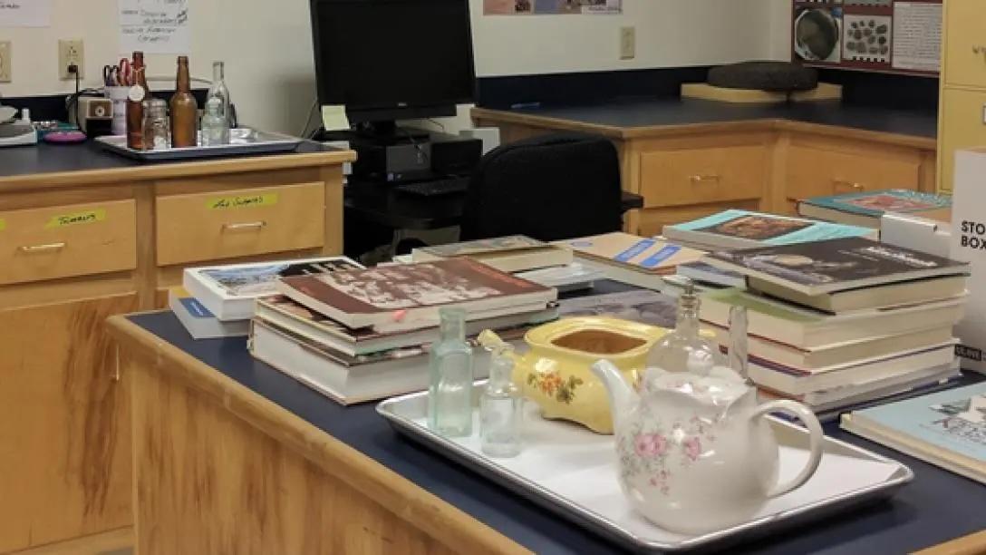 Materials sitting on a laboratory table to be analyzed by students